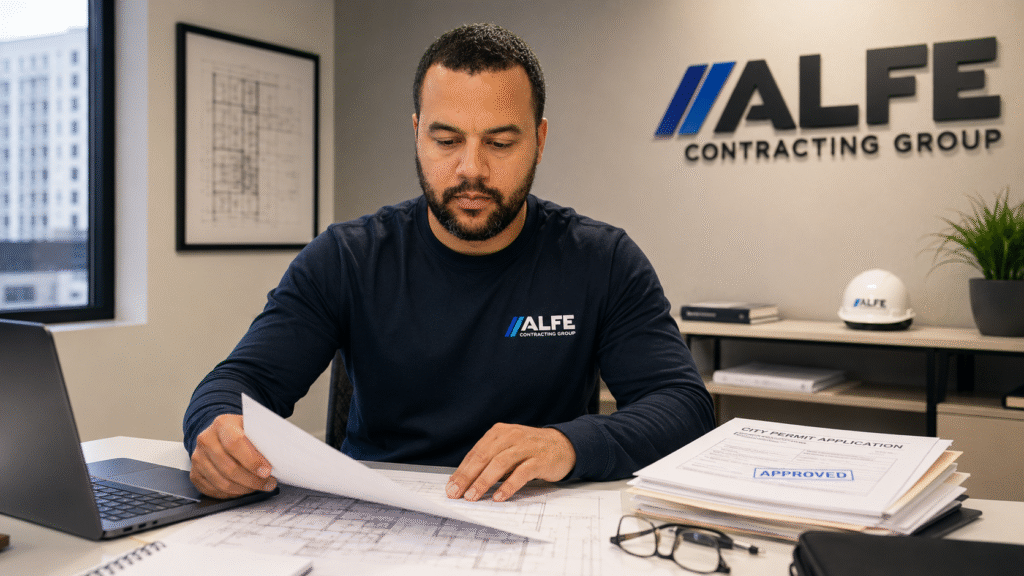 Alfe Construction specialist reviewing architectural plans and permit documents for a construction project in Orlando, Central Florida