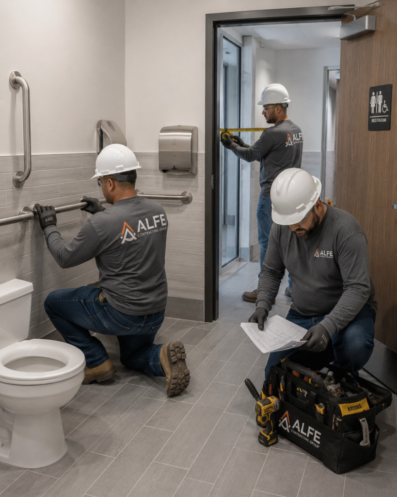Alfe Construction team completing ADA compliance construction and accessibility upgrades for a commercial space in Orlando, Central Florida
