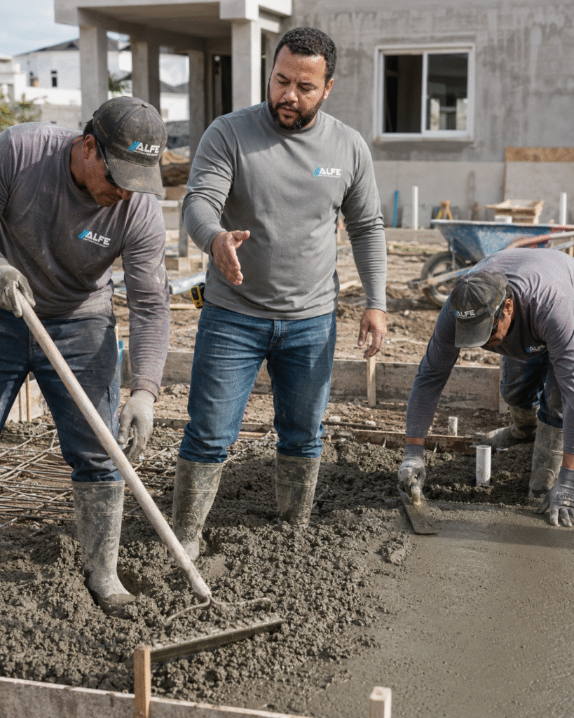 Alfe Construction crew pouring and finishing concrete at a residential property in Orlando, Central Florida