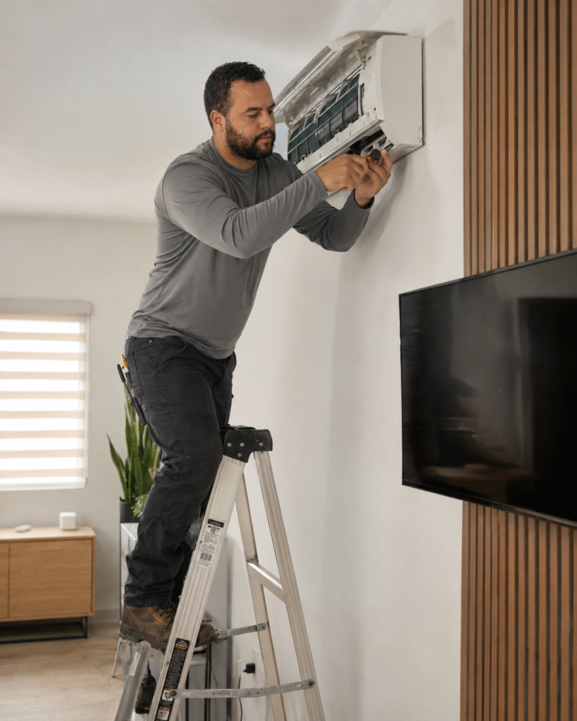 Certified Alfe Construction technician installing a ductless mini split AC system in a residential home in Orlando, Central Florida