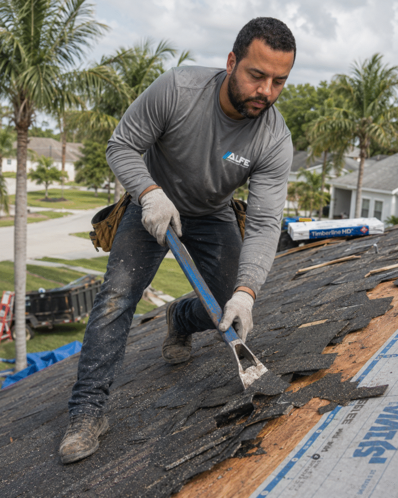 Alfe Construction contractor inspecting and repairing storm damage on a residential home in Orlando, Central Florida