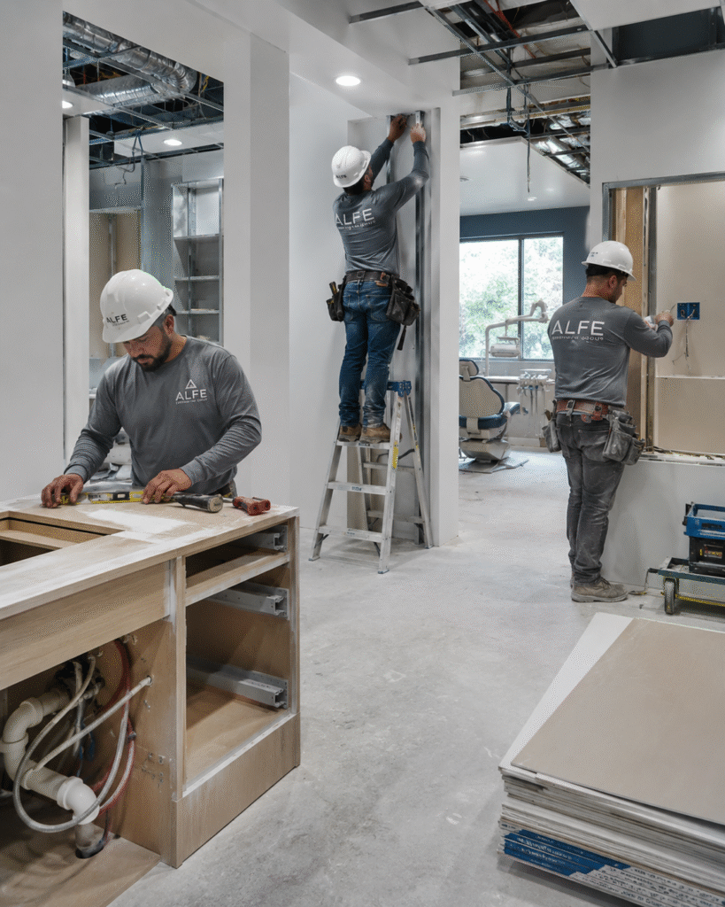 Alfe Construction team completing a custom tenant improvement project for a commercial space in Orlando, Central Florida