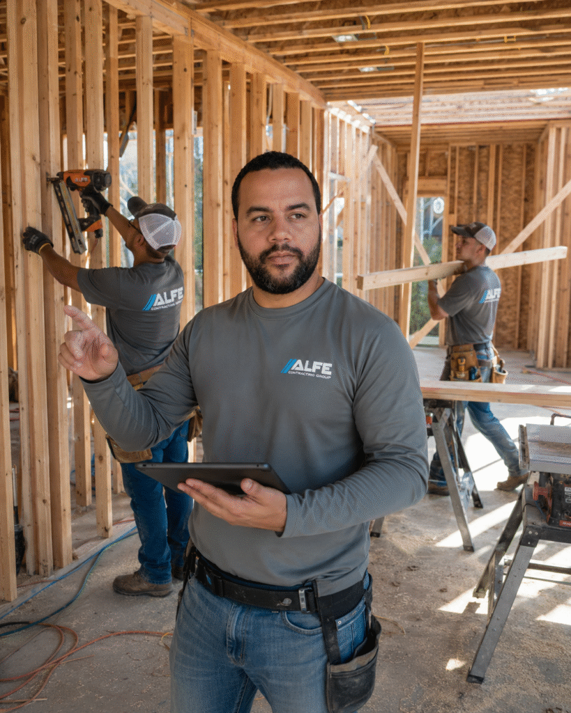 Alfe Construction crew installing wood framing on a new residential construction project in Orlando, Central Florida