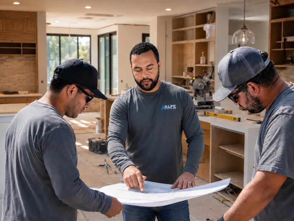 ALFE Contracting general contractor reviewing plans with his crew on a kitchen remodel