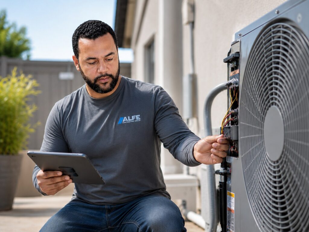 ALFE Contracting HVAC technician diagnosing an outdoor condenser unit at a Central Florida home