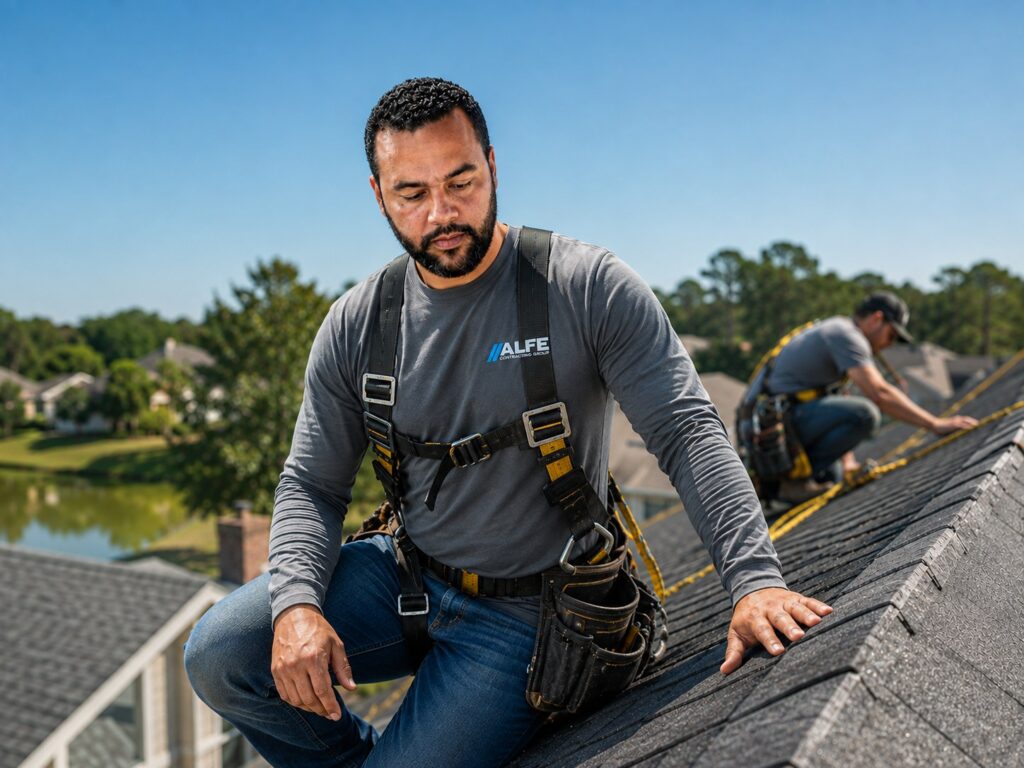 ALFE Contracting roofing crew harnessed on a shingle roof in Central Florida